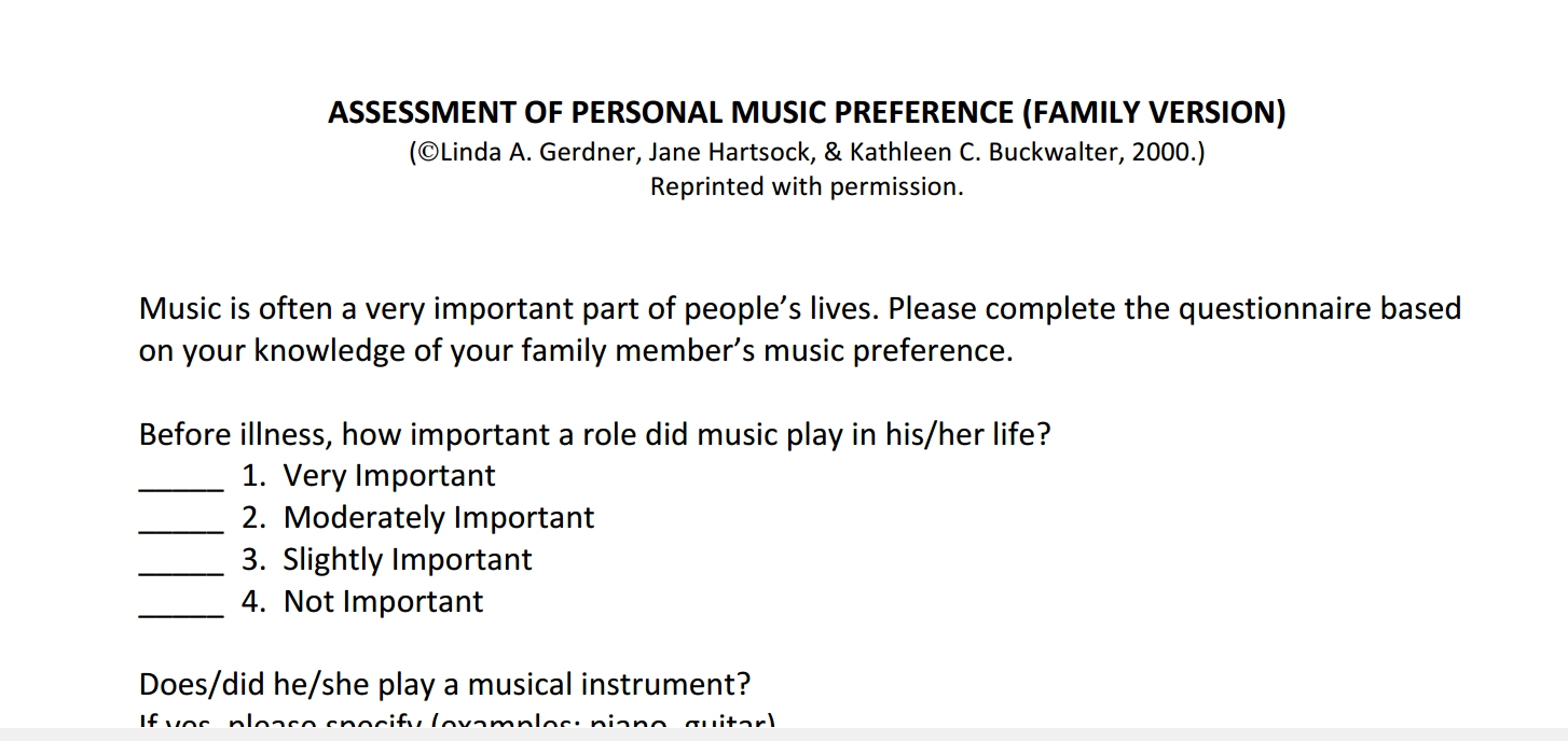 Music Preference Questionnaire Family Version